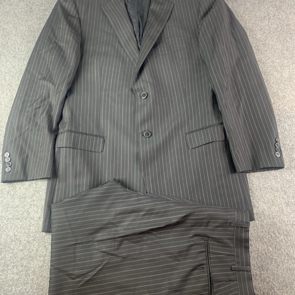 Z Zegna Mens Wool 2 Pc Suit Size 44R Pants 35x29 Striped Black/Brown